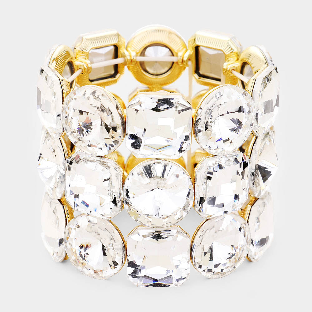 Three Row Clear Crystal Round Stretch Bracelet on Gold