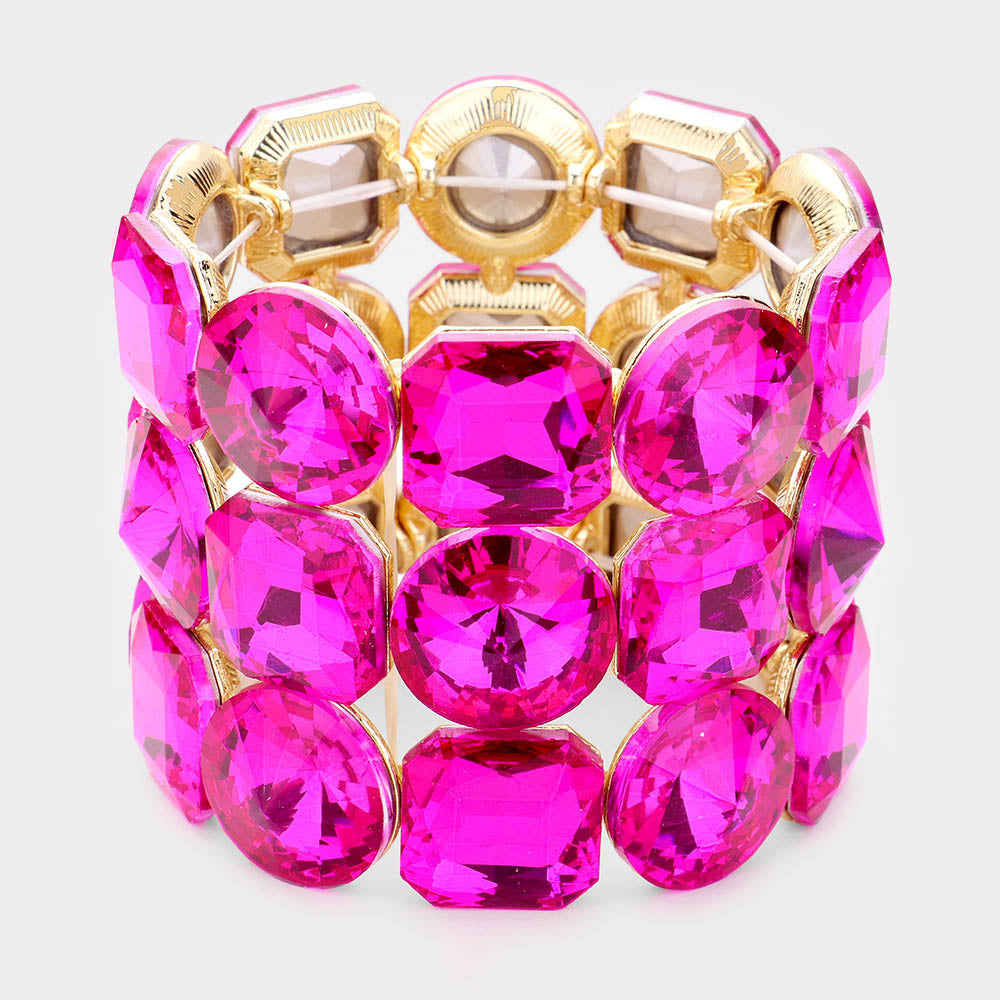 Three Row Fuchsia Crystal Round Stretch Bracelet on Gold | 436854
