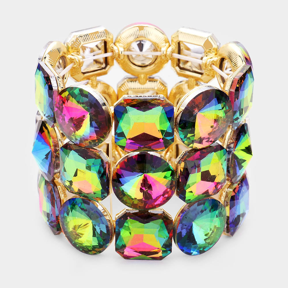 Three Row Multi-Color Crystal Round Stretch Bracelet