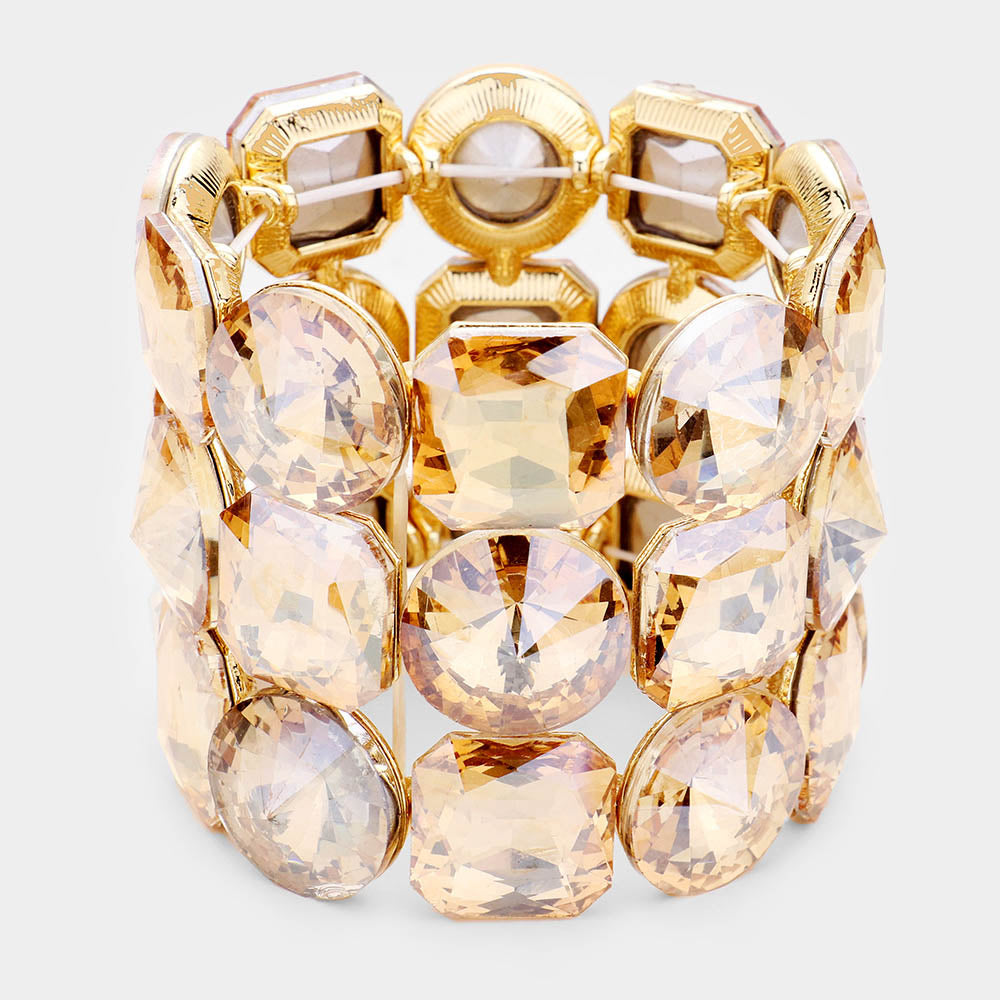 Three Row Gold Crystal Round Stretch Bracelet