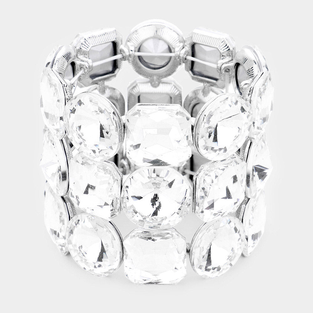 Three Row Clear Crystal Round Stretch Bracelet