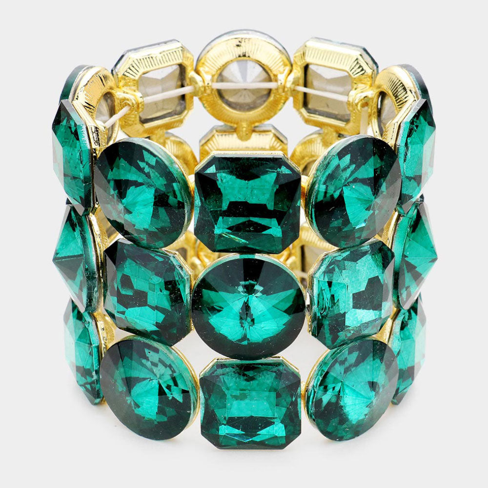 Three Row Emerald Crystal Round Stretch Bracelet