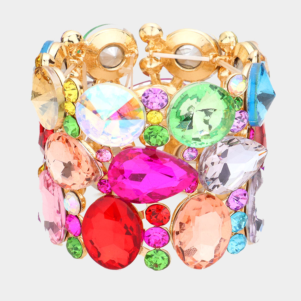 Wide Multi Shape Multi Color Crystal Stone Stretch Pageant Bracelet