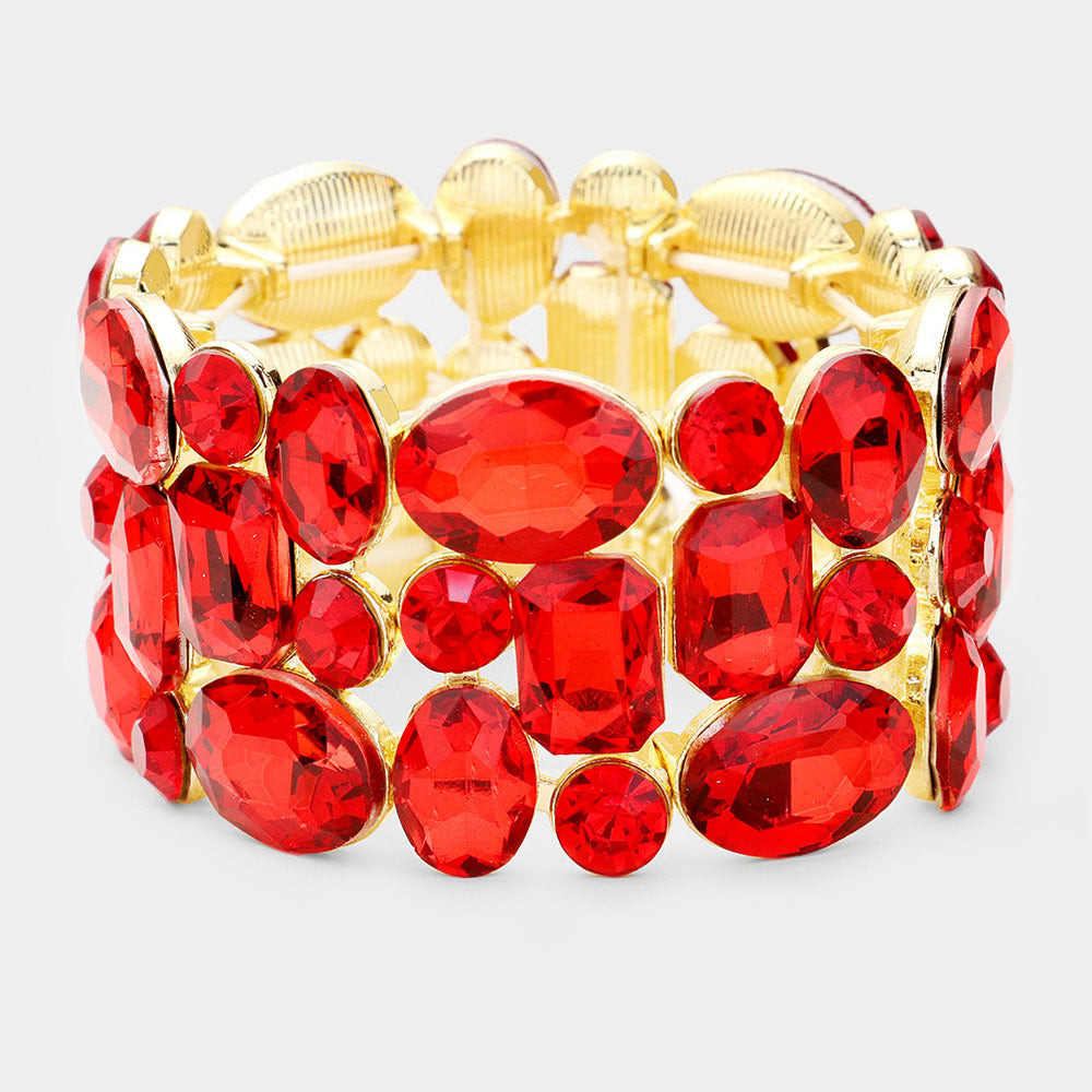 Red Crystal Stretch Pageant Bracelet on Gold