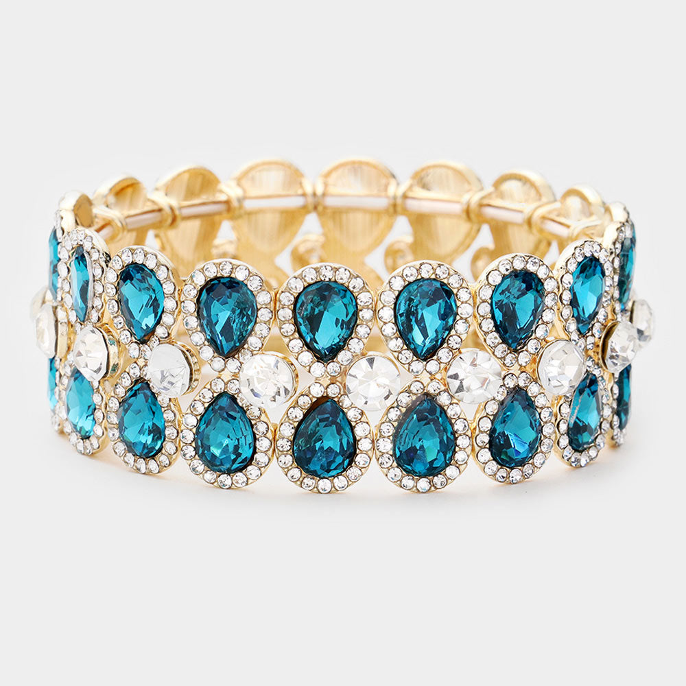 Crystal Teal Teardrop Stretch Pageant Bracelet | Prom Bracelet