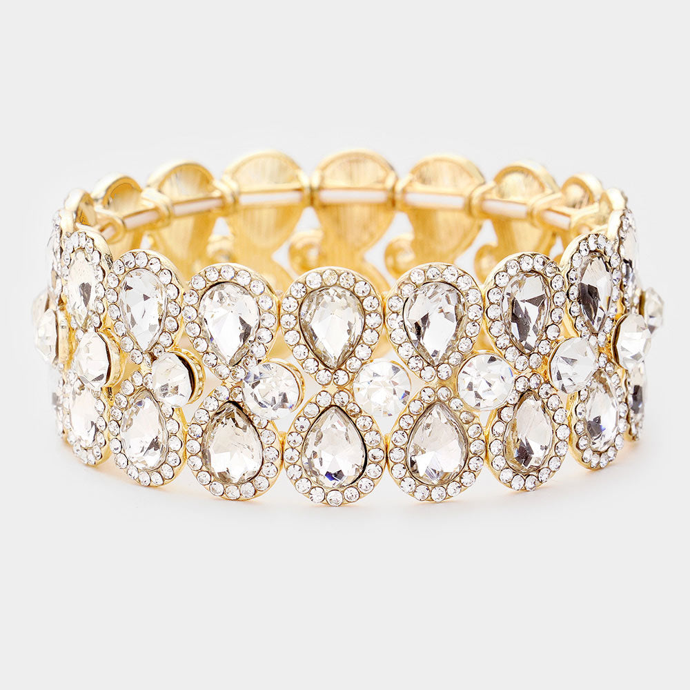 Crystal Clear Teardrop Stretch Pageant Bracelet on Gold | Prom Bracelet