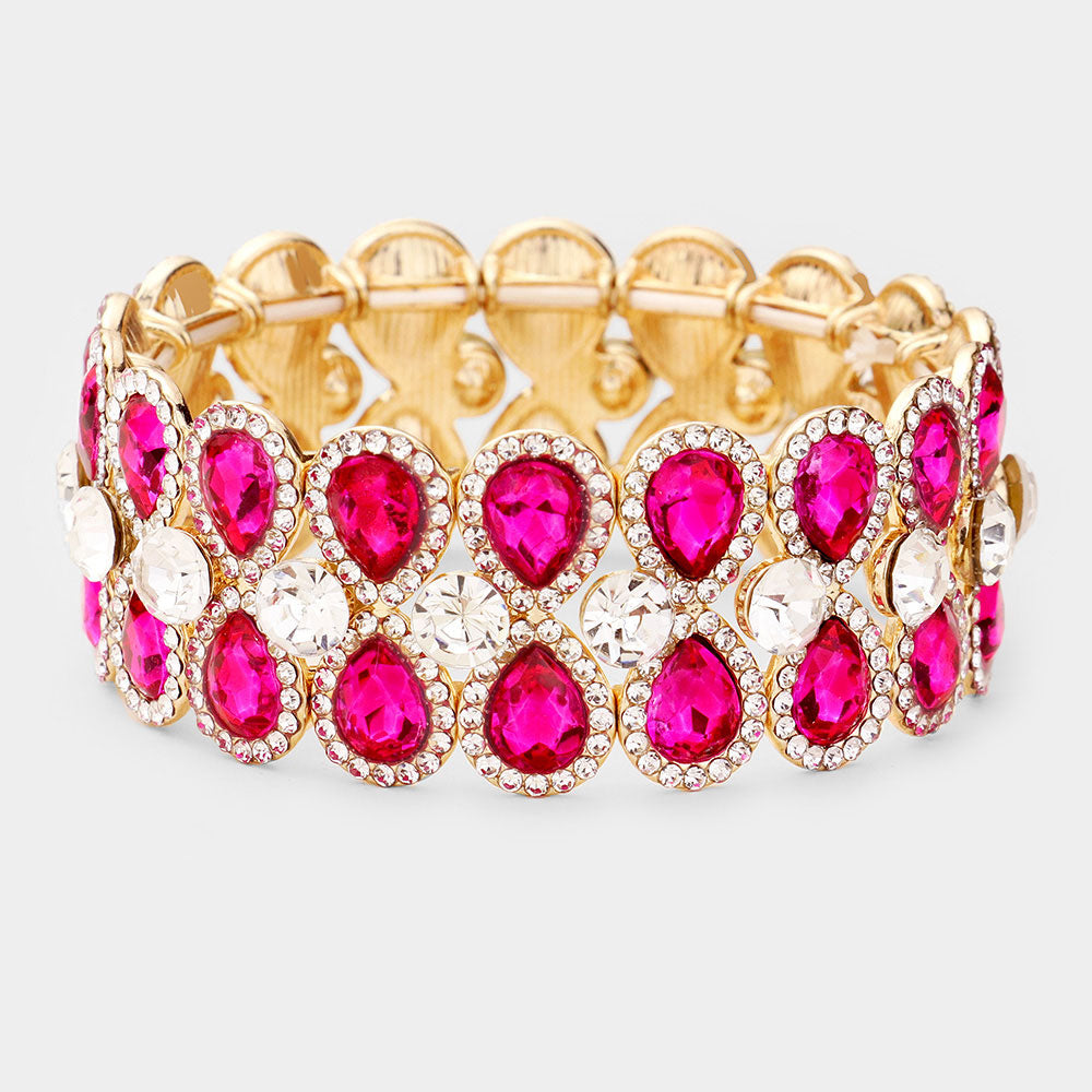 Crystal Fuchsia Teardrop Stretch Pageant Bracelet | Prom Bracelet 