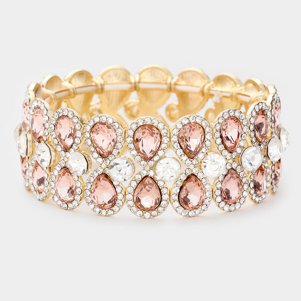 Crystal Peach Teardrop Stretch Pageant Bracelet | Prom Bracelet