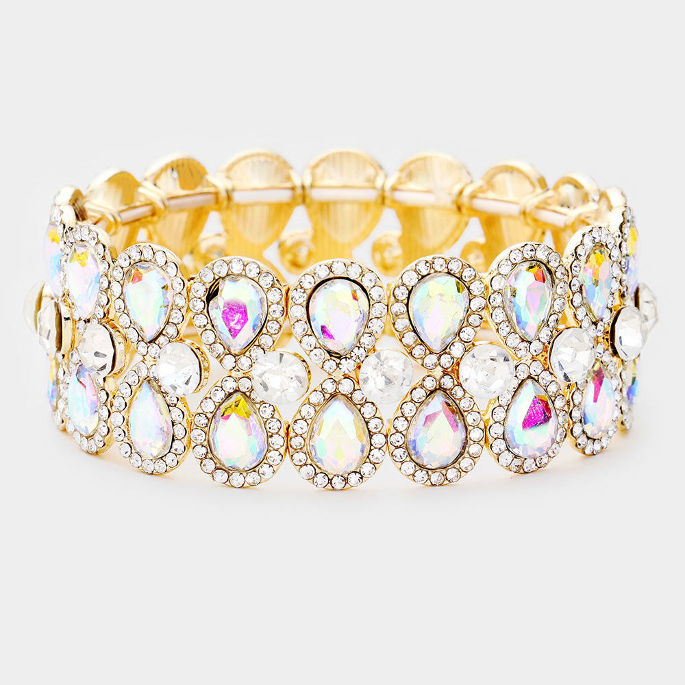 Crystal AB on Gold Teardrop Stretch Pageant Bracelet | Prom Bracelet