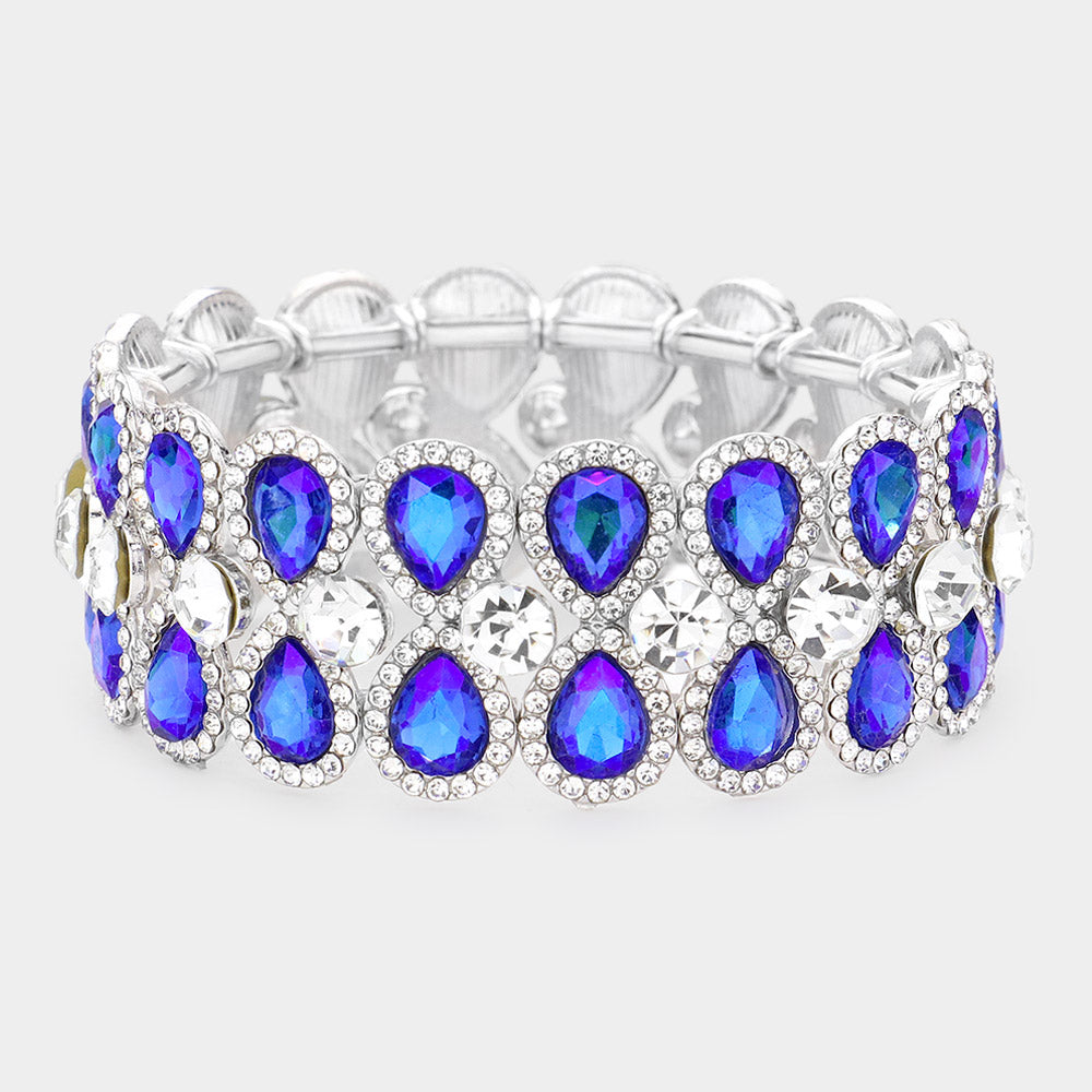 Crystal Blue/AB Teardrop Stretch Pageant Bracelet | Prom Bracelet 