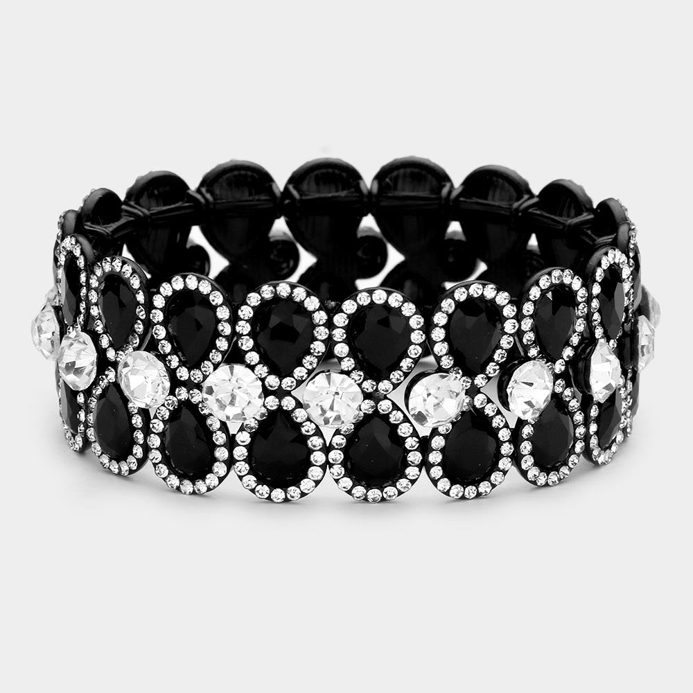 Crystal Jet Black Teardrop Stretch Pageant Bracelet | Prom Bracelet