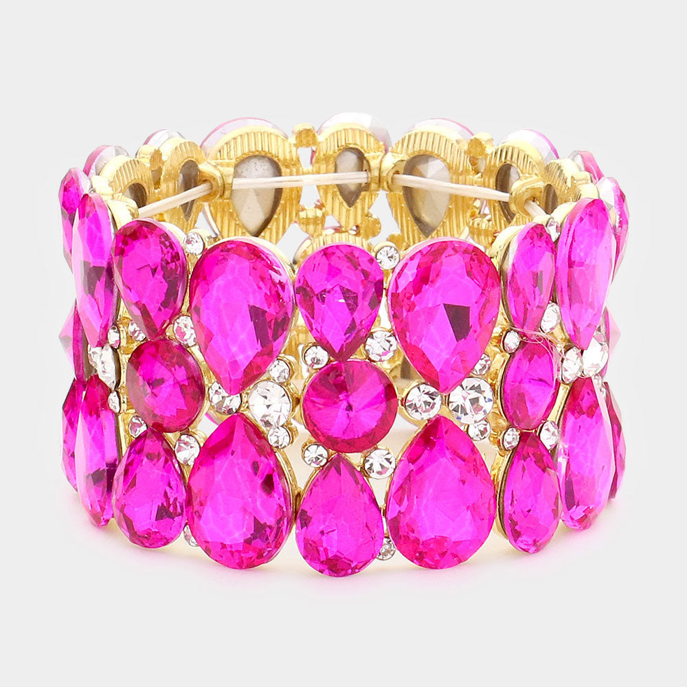 Teardrop and Round Fuchsia Crystal Stretch Bracelet