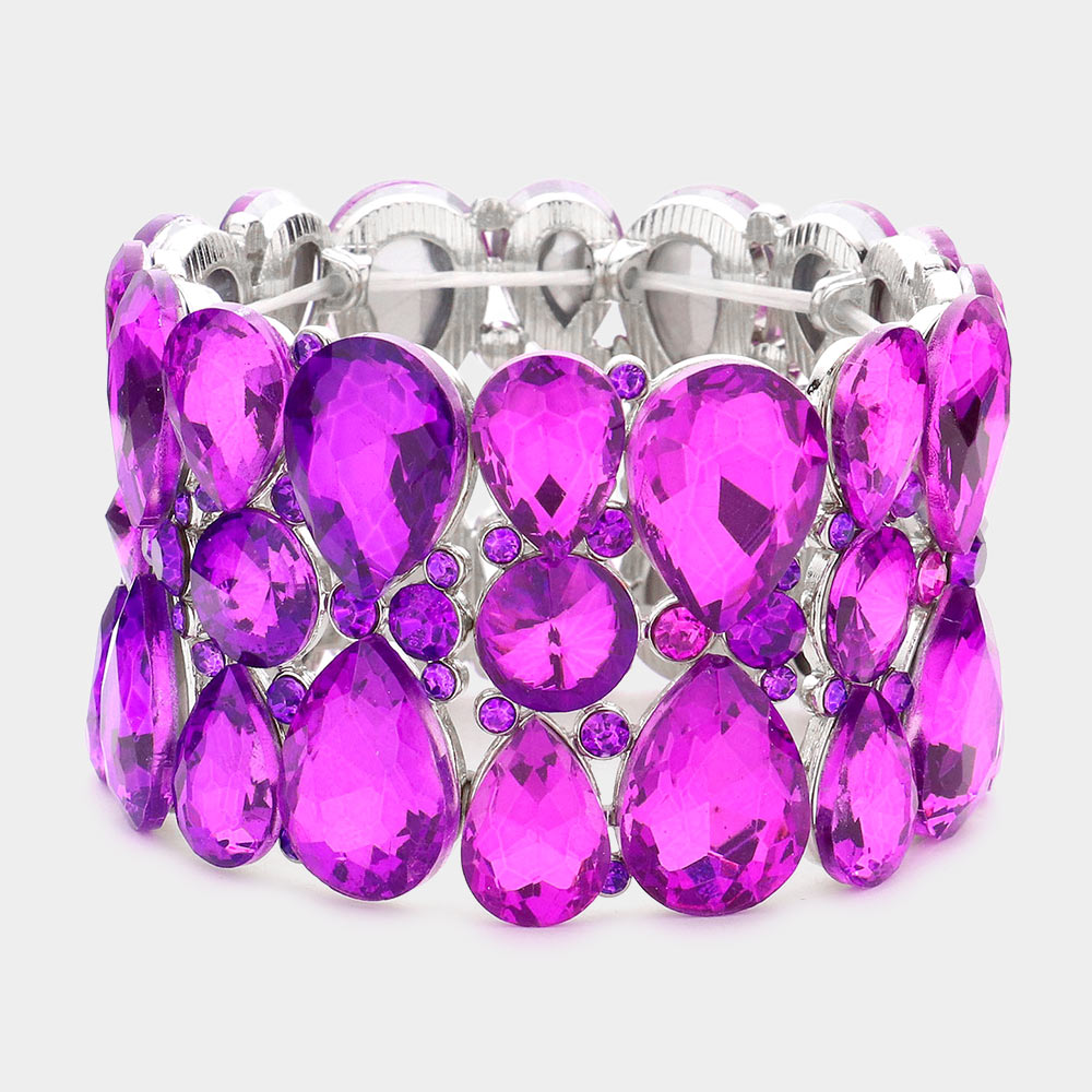 Teardrop and Round Purple Crystal Stretch Bracelet 