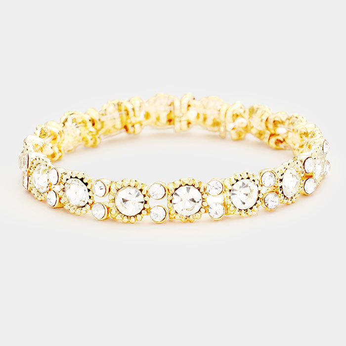 Thin Round Clear Crystal Pageant Bracelet on Gold | Prom Bracelet 