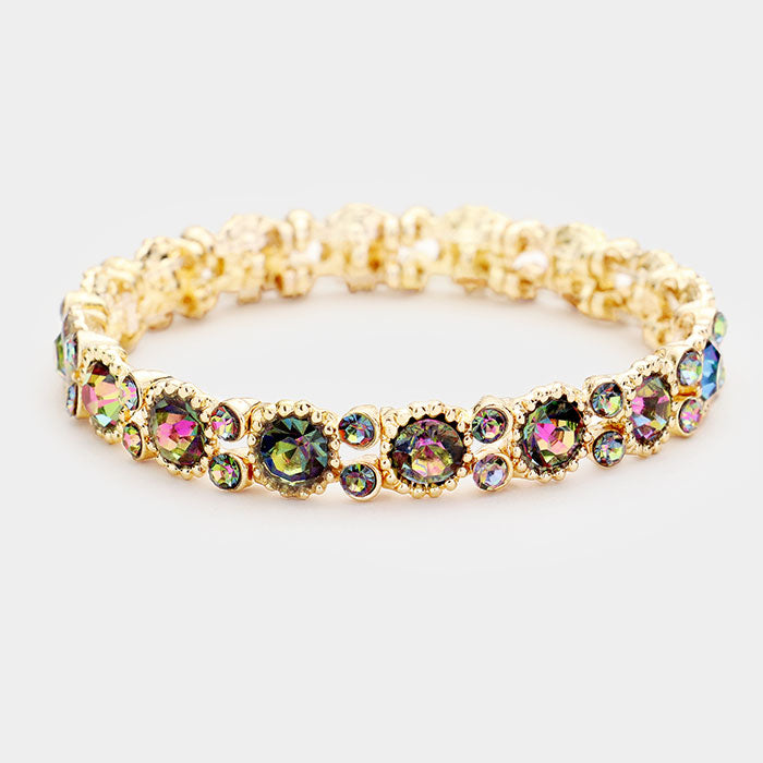 Thin Round Multi-Color Crystal Pageant Bracelet on Gold | Prom Bracelet