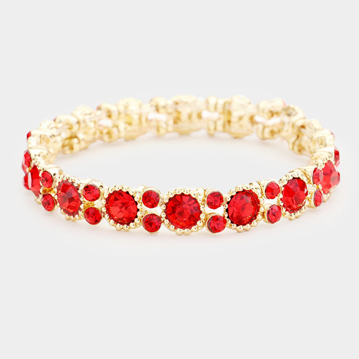 Thin Round Red Crystal Pageant Bracelet on Gold | Prom Bracelet 