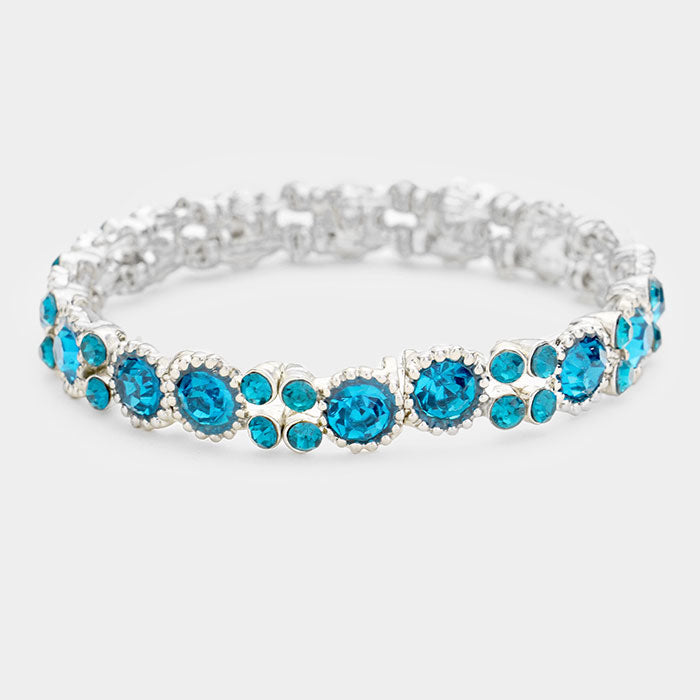 Thin Round Teal Crystal Pageant Bracelet on Gold | Prom Bracelet 