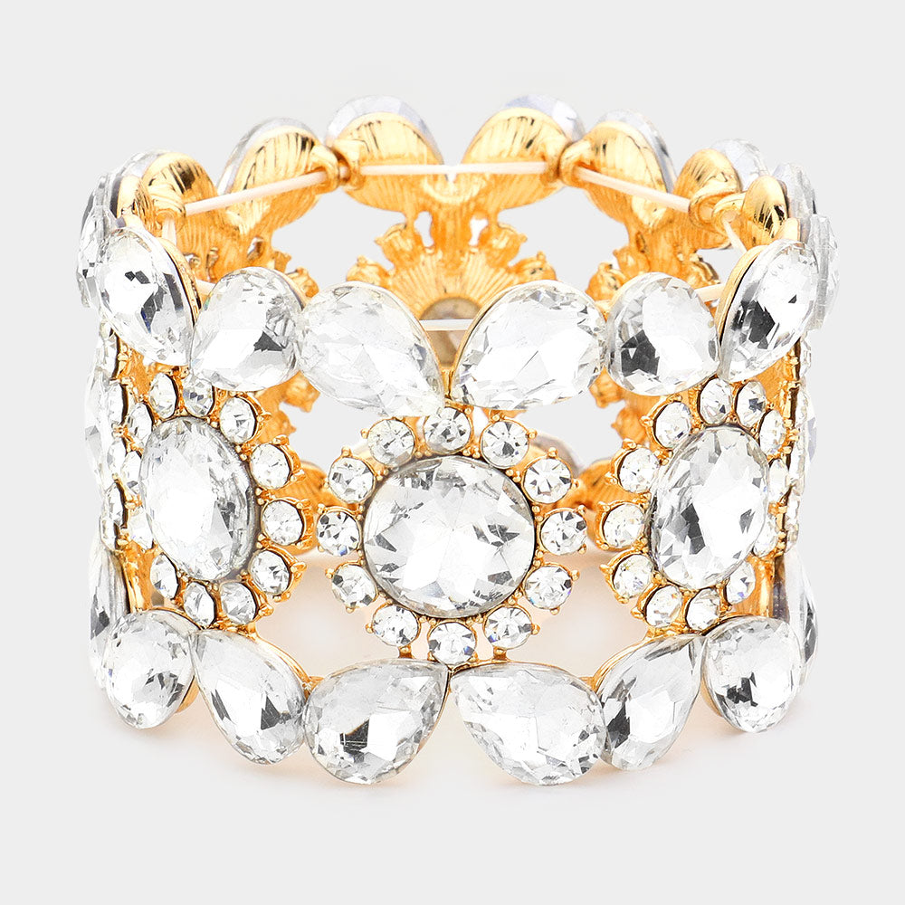 Wide Clear Crystal Multi Shaped Stone Stretch Pageant Bracelet on Gold| Evening Bracelet