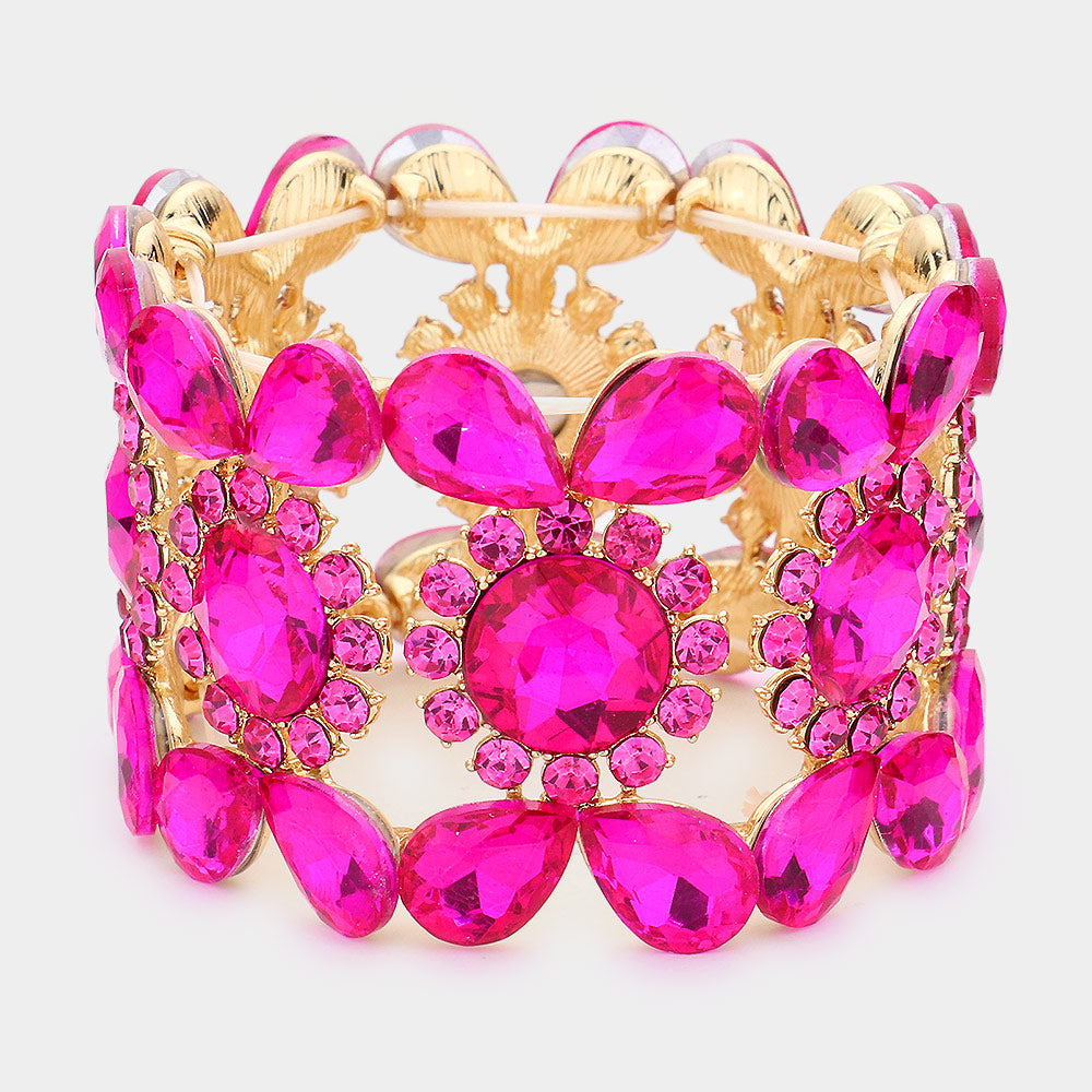 Wide Fuchsia Crystal Multi Shaped Stone Stretch Pageant Bracelet | Evening Bracelet