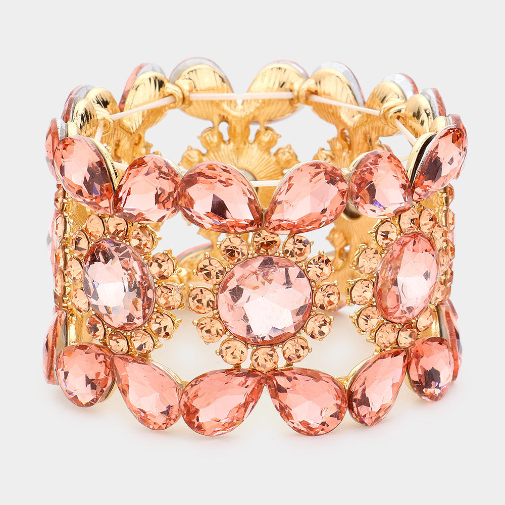 Wide Peach Crystal Multi Shaped Stone Stretch Pageant Bracelet | Evening Bracelet