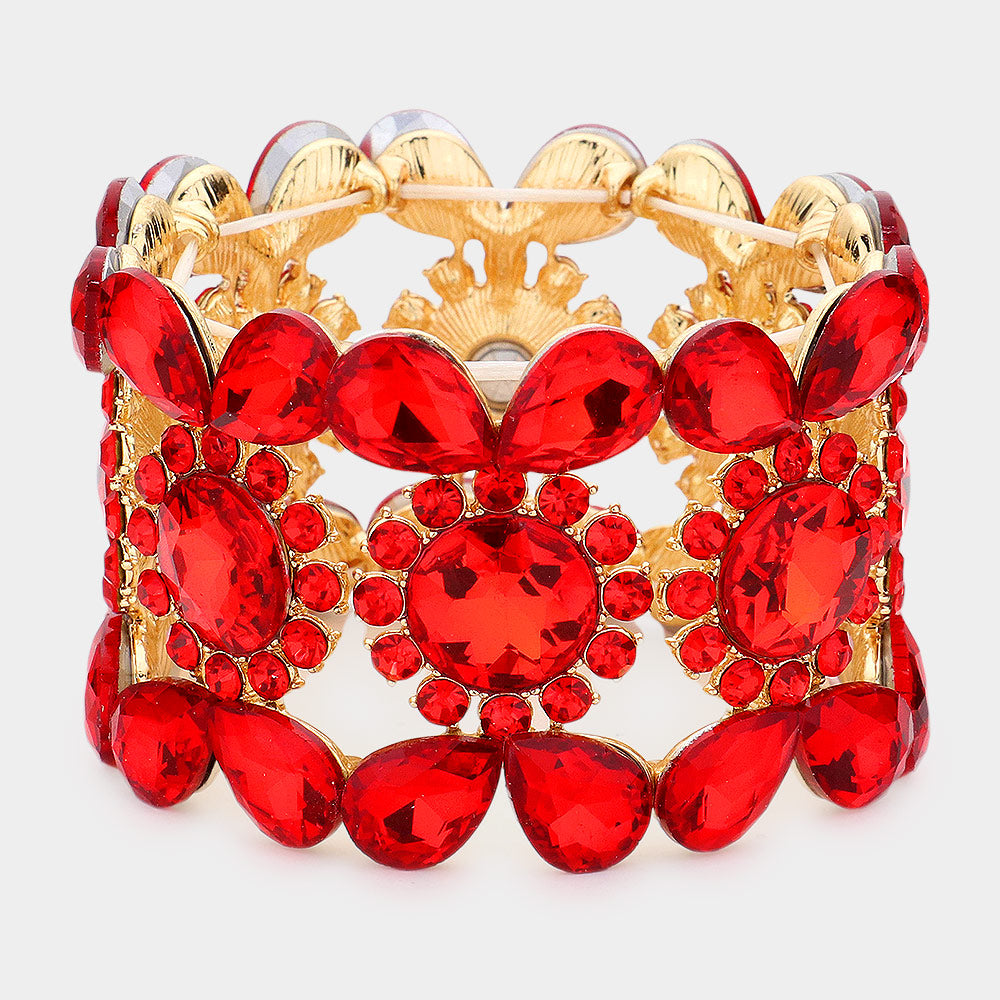 Wide Red Crystal Multi Shaped Stone Stretch Pageant Bracelet | Evening Bracelet