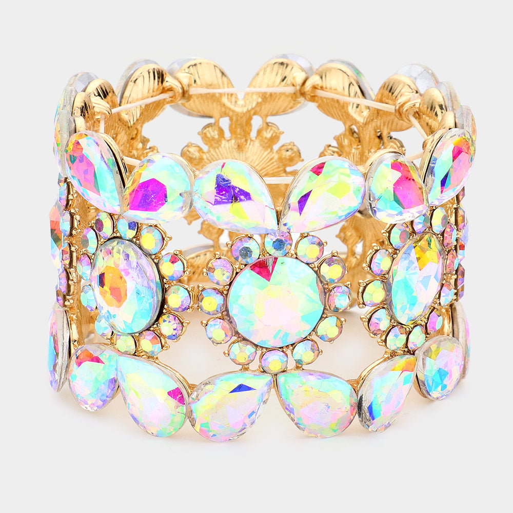 Wide AB Crystal Multi Shaped Stone Stretch Pageant Bracelet on Gold | Evening Bracelet