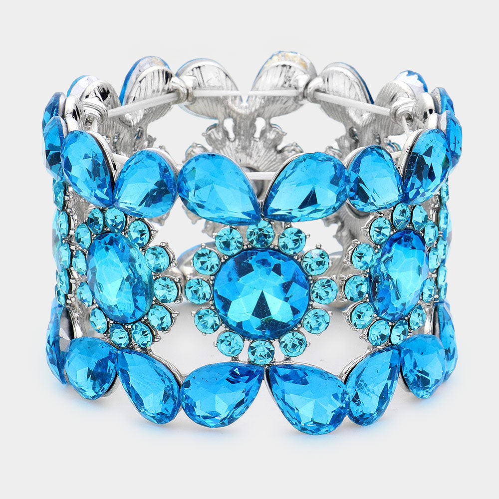Wide Teal Crystal Multi Shaped Stone Stretch Pageant Bracelet  | Evening Bracelet