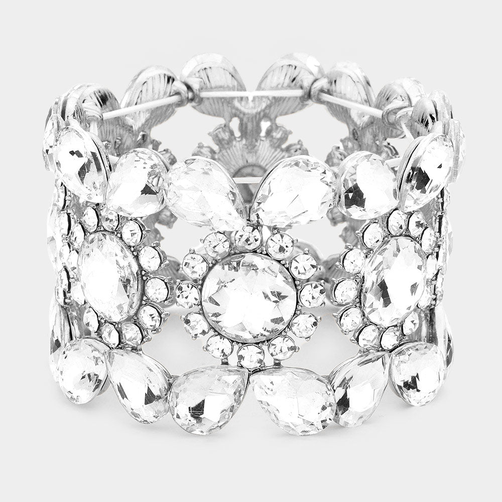 Wide Clear Crystal Multi Shaped Stone Stretch Pageant Bracelet | Evening Bracelet