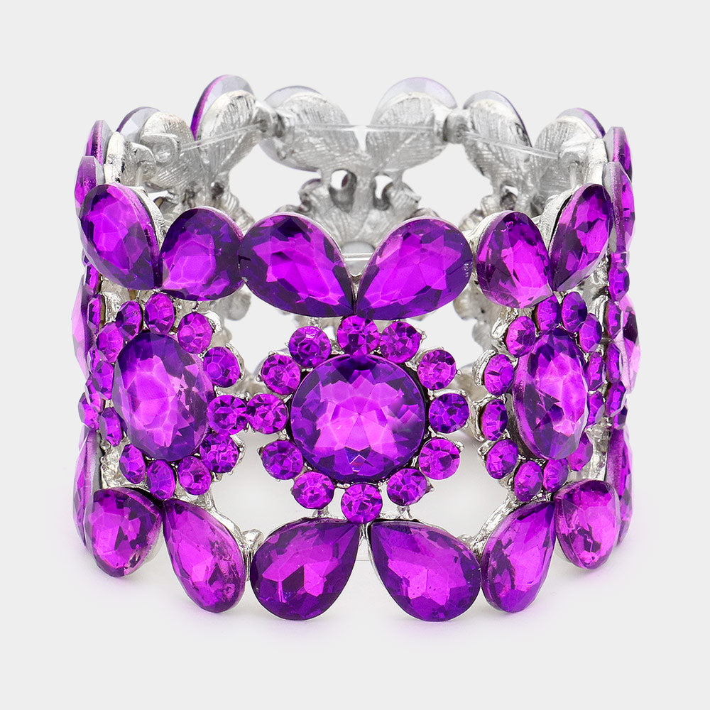 Wide Purple Crystal Multi Shaped Stone Stretch Pageant Bracelet  | Evening Bracelet