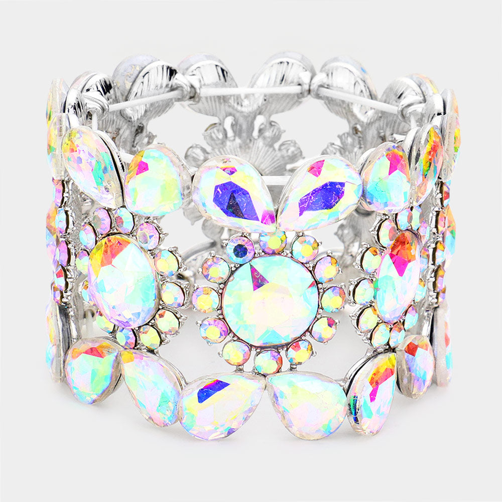 Wide AB Crystal Multi Shaped Stone Stretch Pageant Bracelet | Evening Bracelet