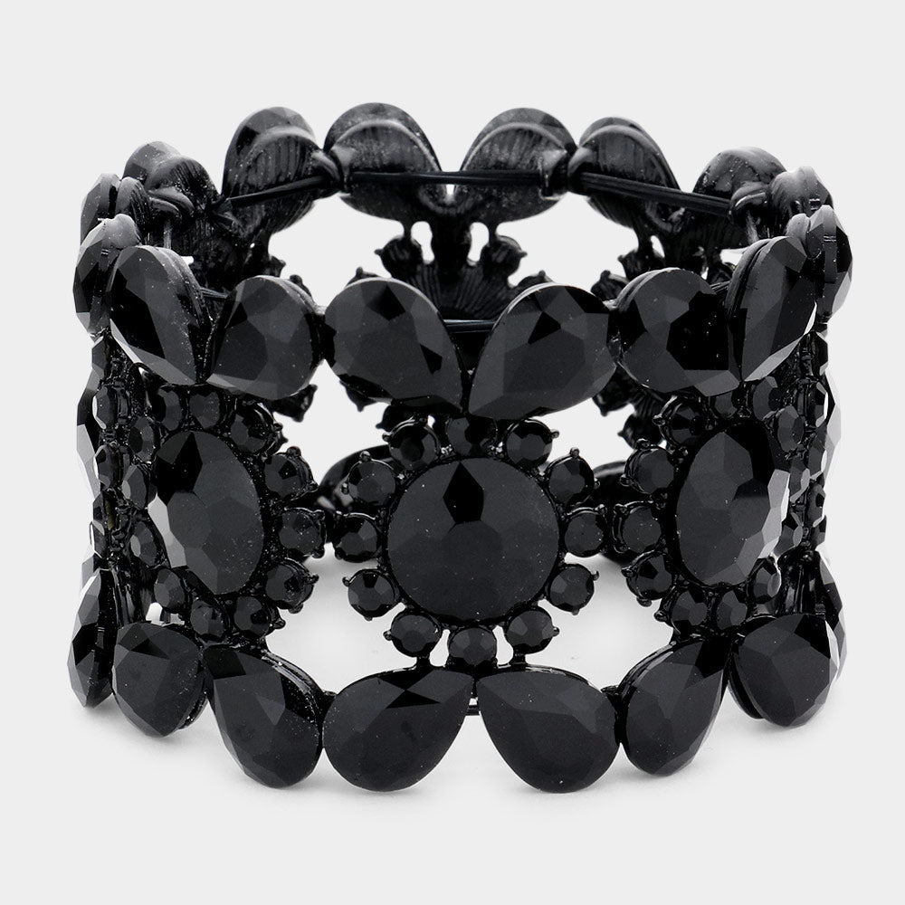 Wide Black Crystal Multi Shaped Stone Stretch Pageant Bracelet  | Evening Bracelet