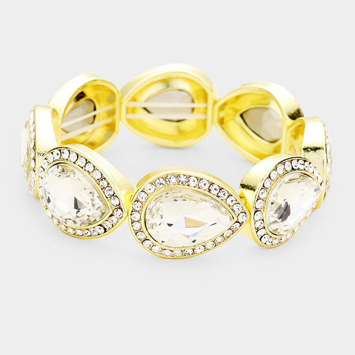 Rhinestone Clear Fuchsia Teardrop Crystal Stretch Pageant Bracelet on Gold