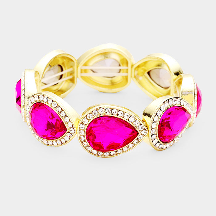 Rhinestone Trim Fuchsia Teardrop Crystal Stretch Pageant Bracelet on Gold