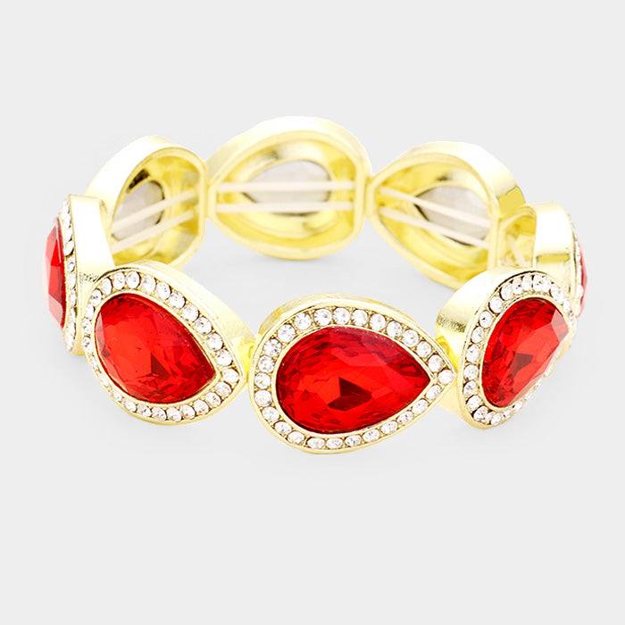 Rhinestone Trim Red Teardrop Crystal Stretch Pageant Bracelet on Gold