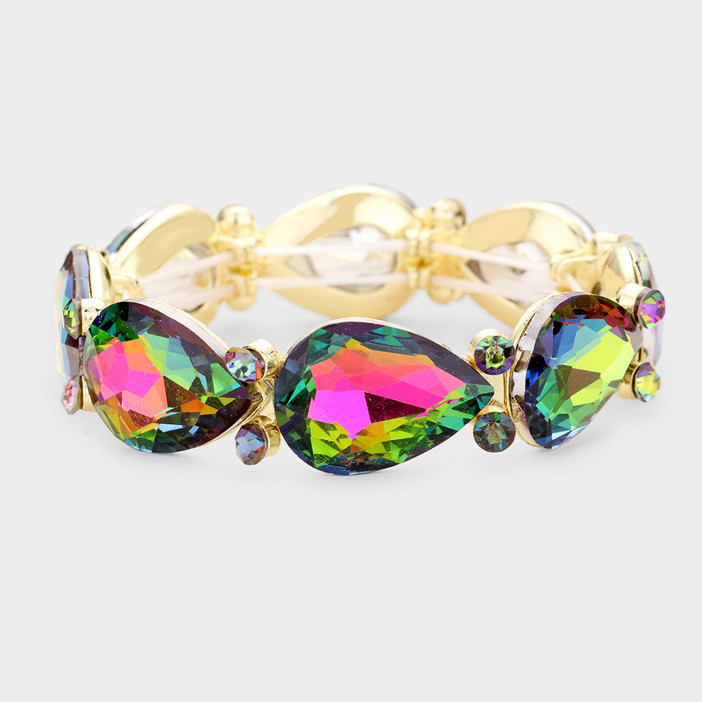 Multi-Color Crystal Teardrop Stretch Pageant Bracelet  | Prom Bracelet