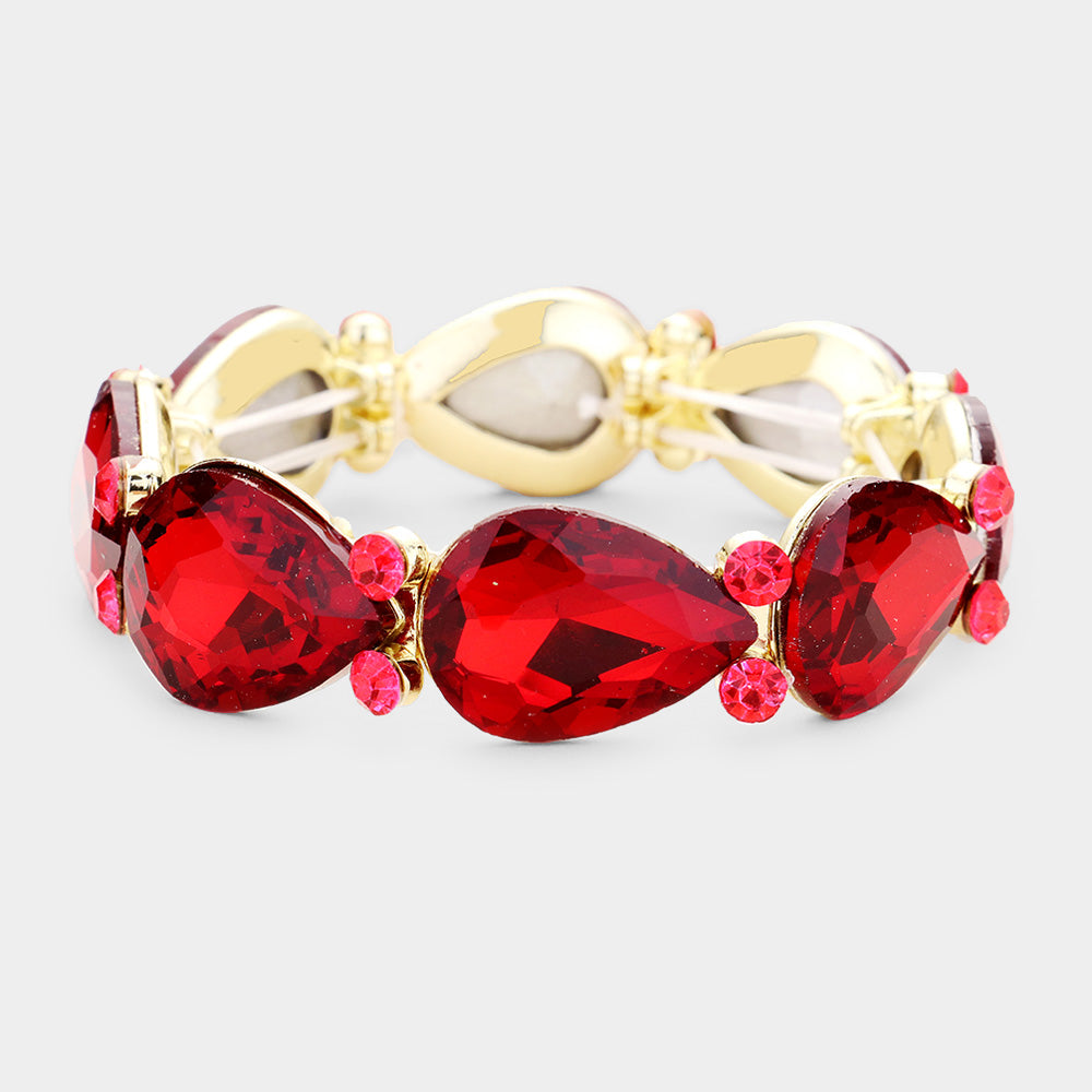 Red Crystal Teardrop Stretch Pageant Bracelet  | Prom Bracelet | 432253