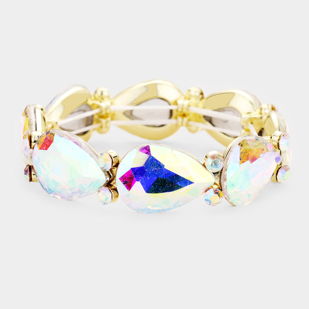 AB Crystal Teardrop Stretch Pageant Bracelet on Gold  | Prom Bracelet