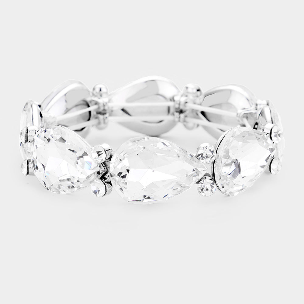 Clear Crystal Teardrop Stretch Pageant Bracelet  | Prom Bracelet