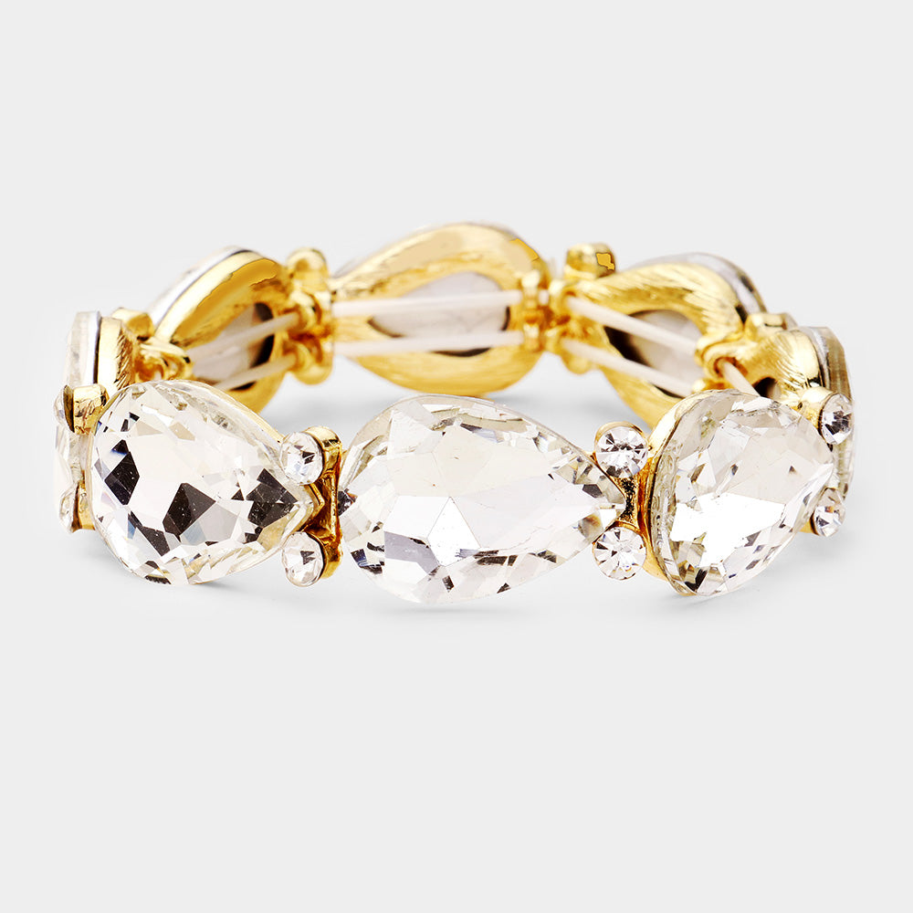 Clear Crystal Teardrop Stretch Pageant Bracelet on Gold | Prom Bracelet