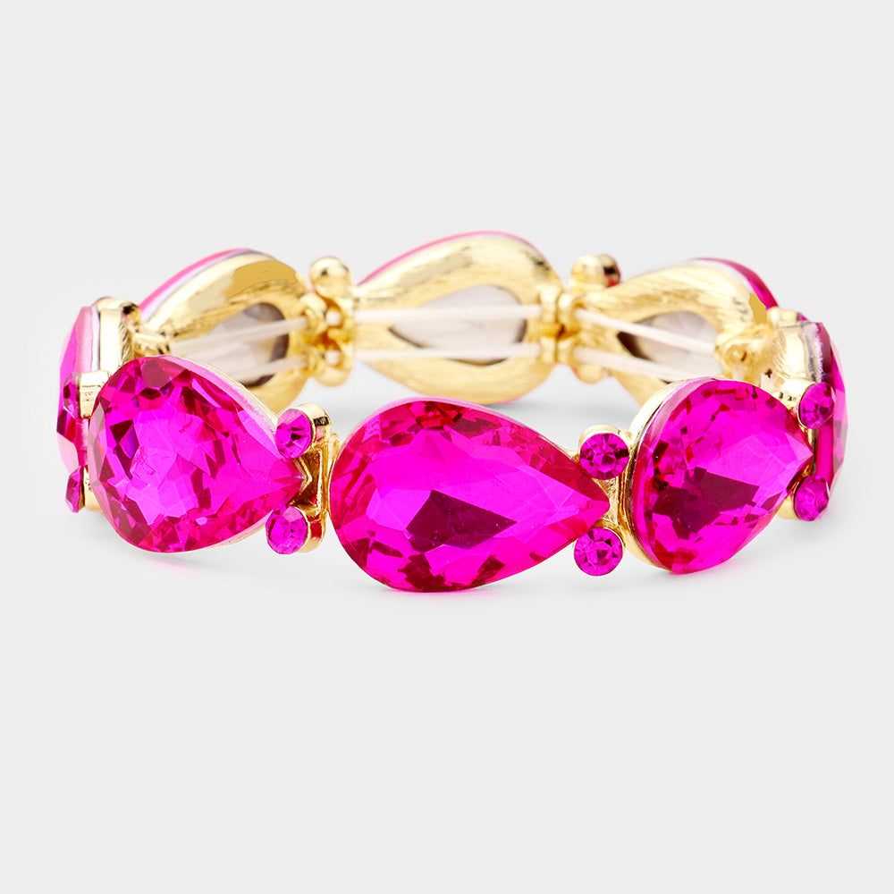 Fuchsia Crystal Teardrop Stretch Pageant Bracelet | Prom Bracelet