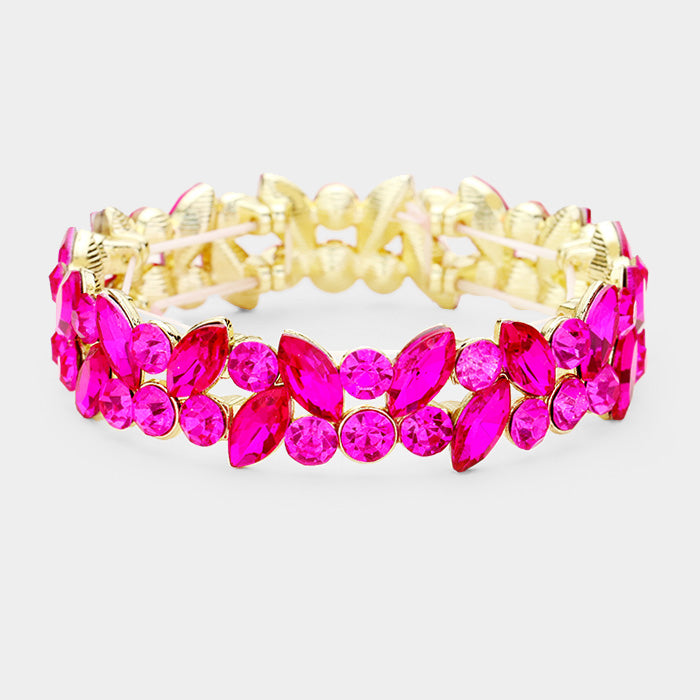 Fuchsia hot pink crystal marquise stretch bracelet on gold setting on a white background