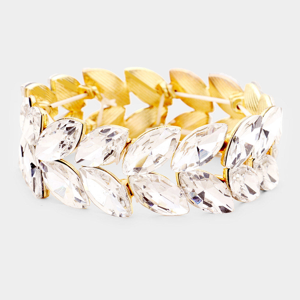 Clear Crystal Marquise Shaped Stone Stretch Bracelet on Gold