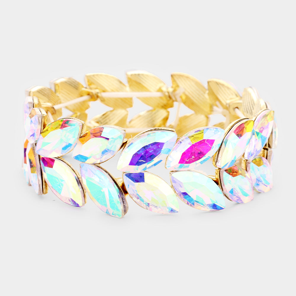 AB Crystal Marquise Shaped Stone Stretch Bracelet on Gold
