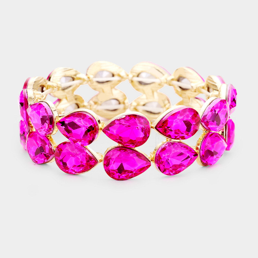 Fuchsia Double Row Crystal Teardrop Stretch Bracelet