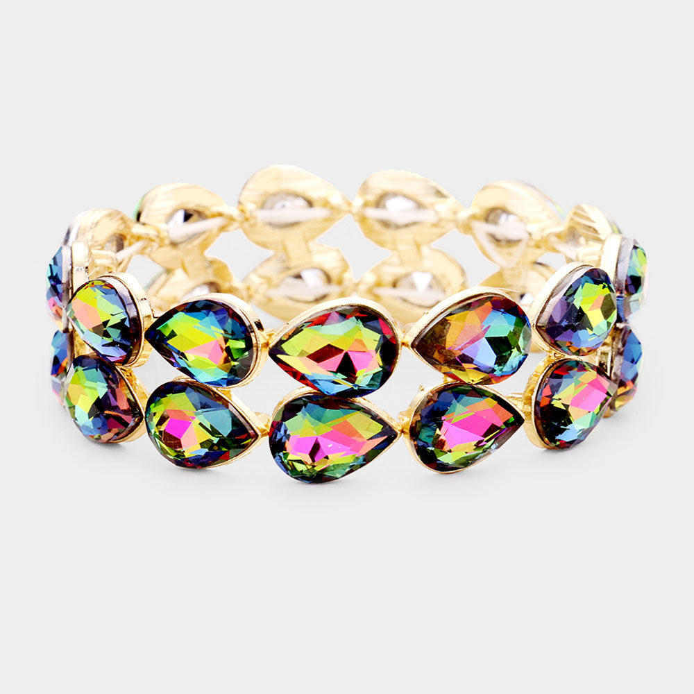Multi-Color Double Row Crystal Teardrop Stretch Bracelet