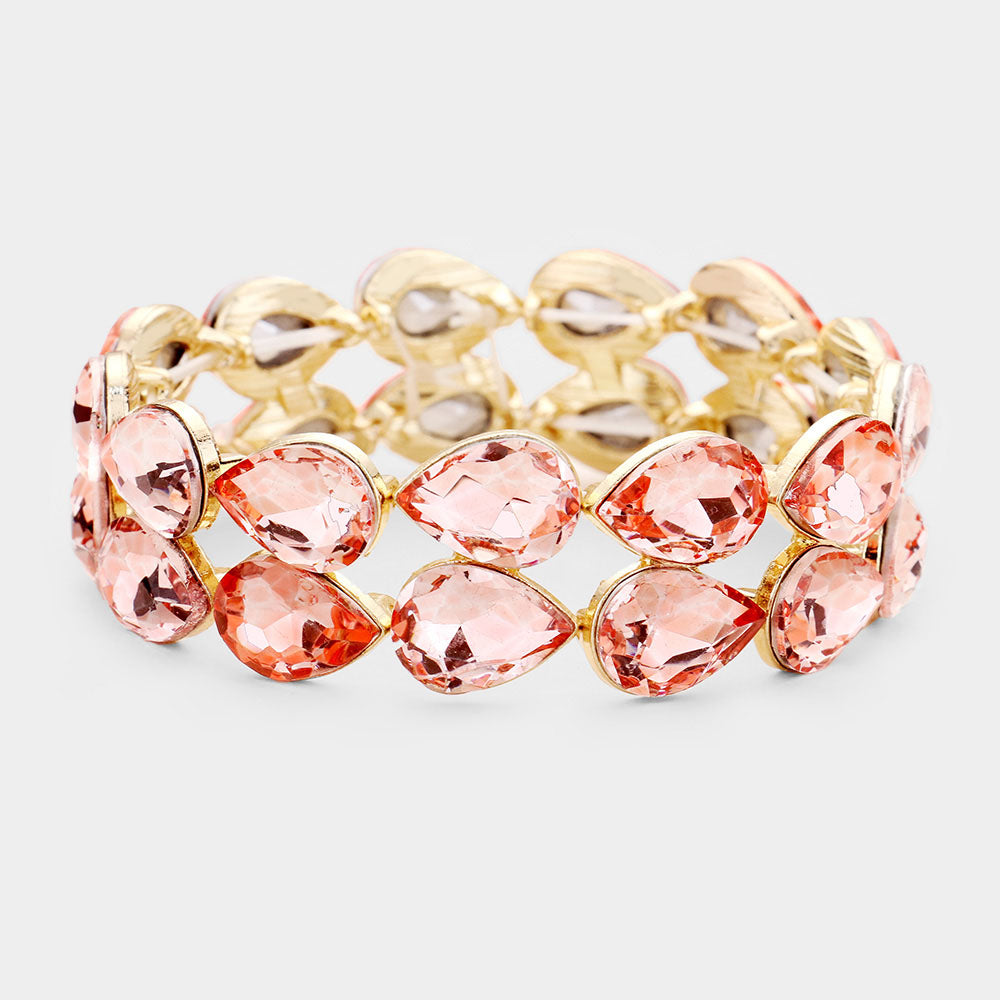Peach Double Row Crystal Teardrop Stretch Bracelet