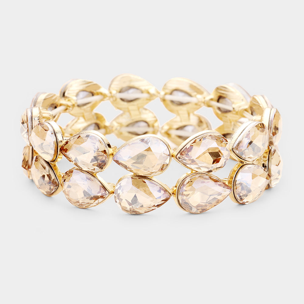 Gold Double Row Crystal Teardrop Stretch Bracelet
