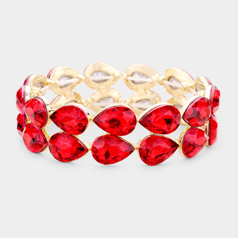 Red Double Row Crystal Teardrop Stretch Bracelet  | 432233