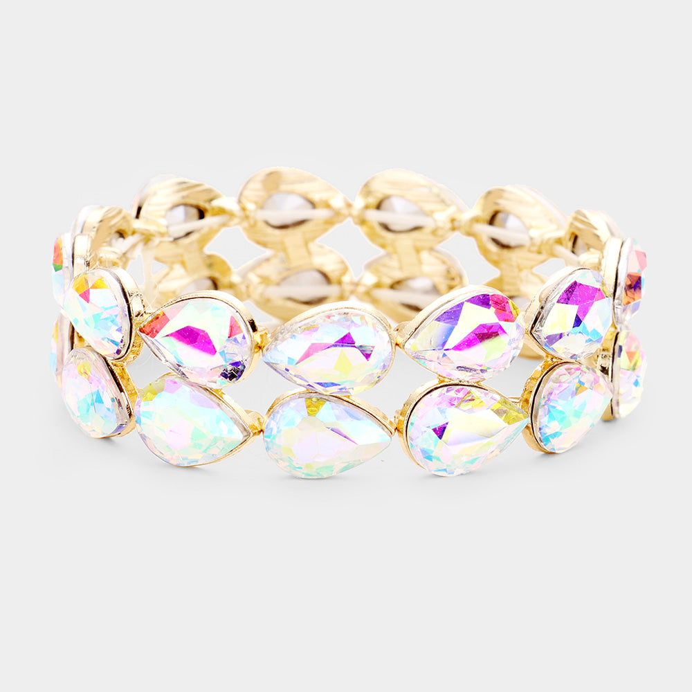 AB Double Row Crystal Teardrop Stretch Bracelet