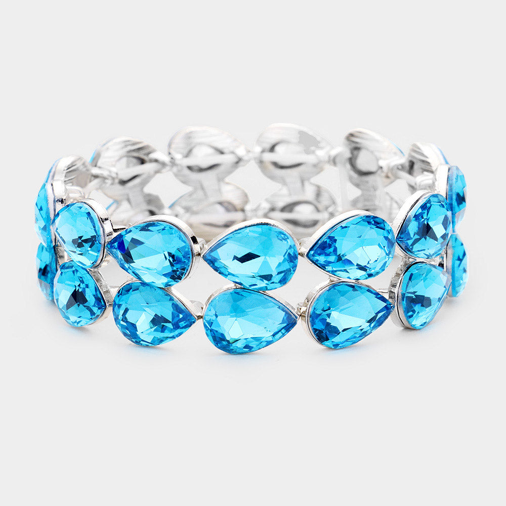 Aqua Double Row Crystal Teardrop Stretch Bracelet  | 432235
